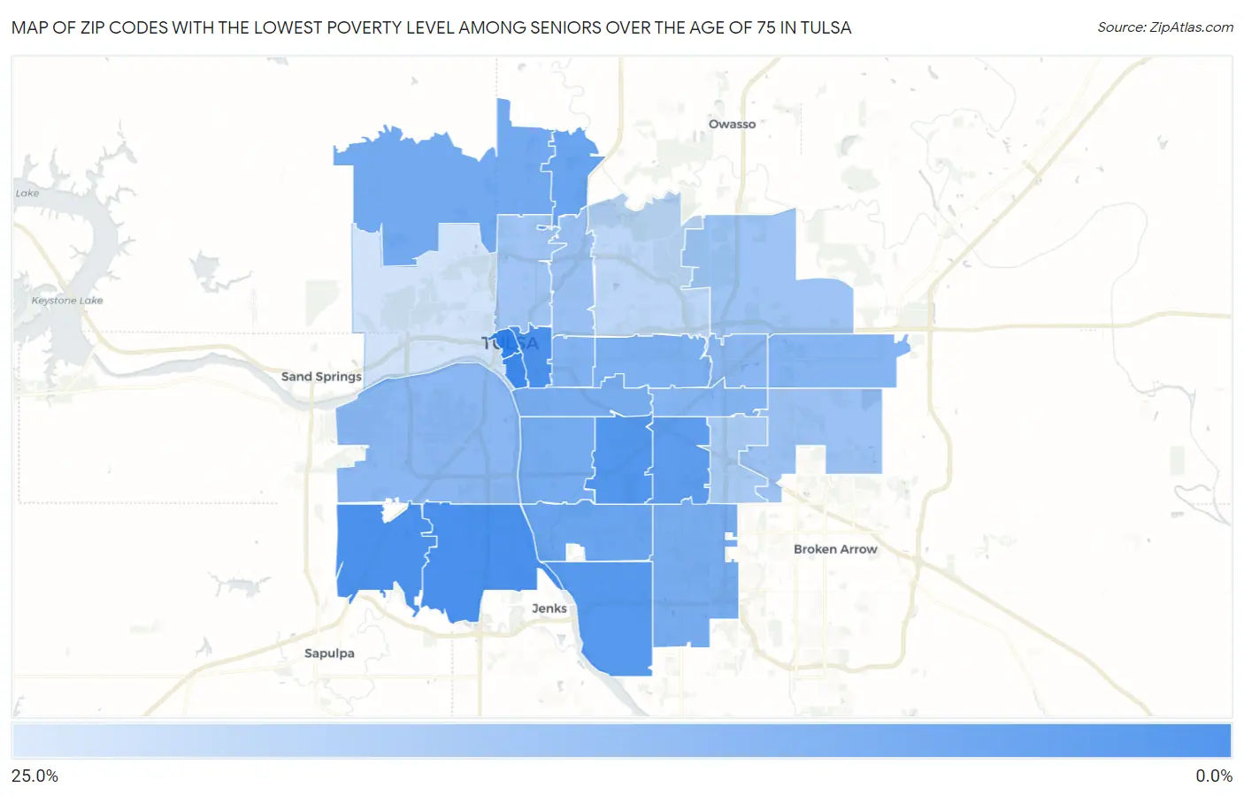 Zip Codes with the Lowest Poverty Level Among Seniors Over the Age of 75 in Tulsa Map