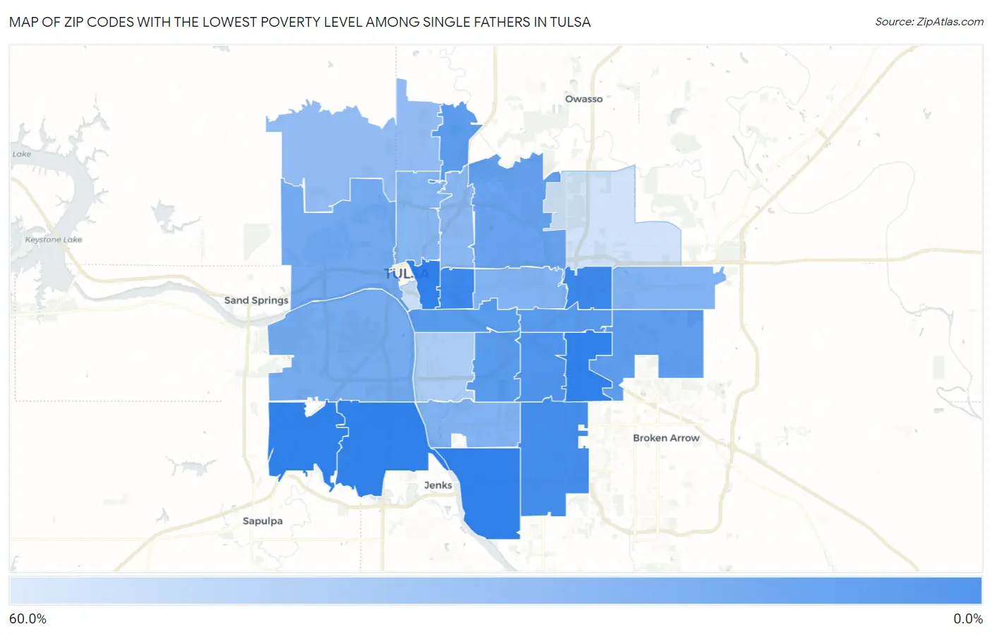 Zip Codes with the Lowest Poverty Level Among Single Fathers in Tulsa Map