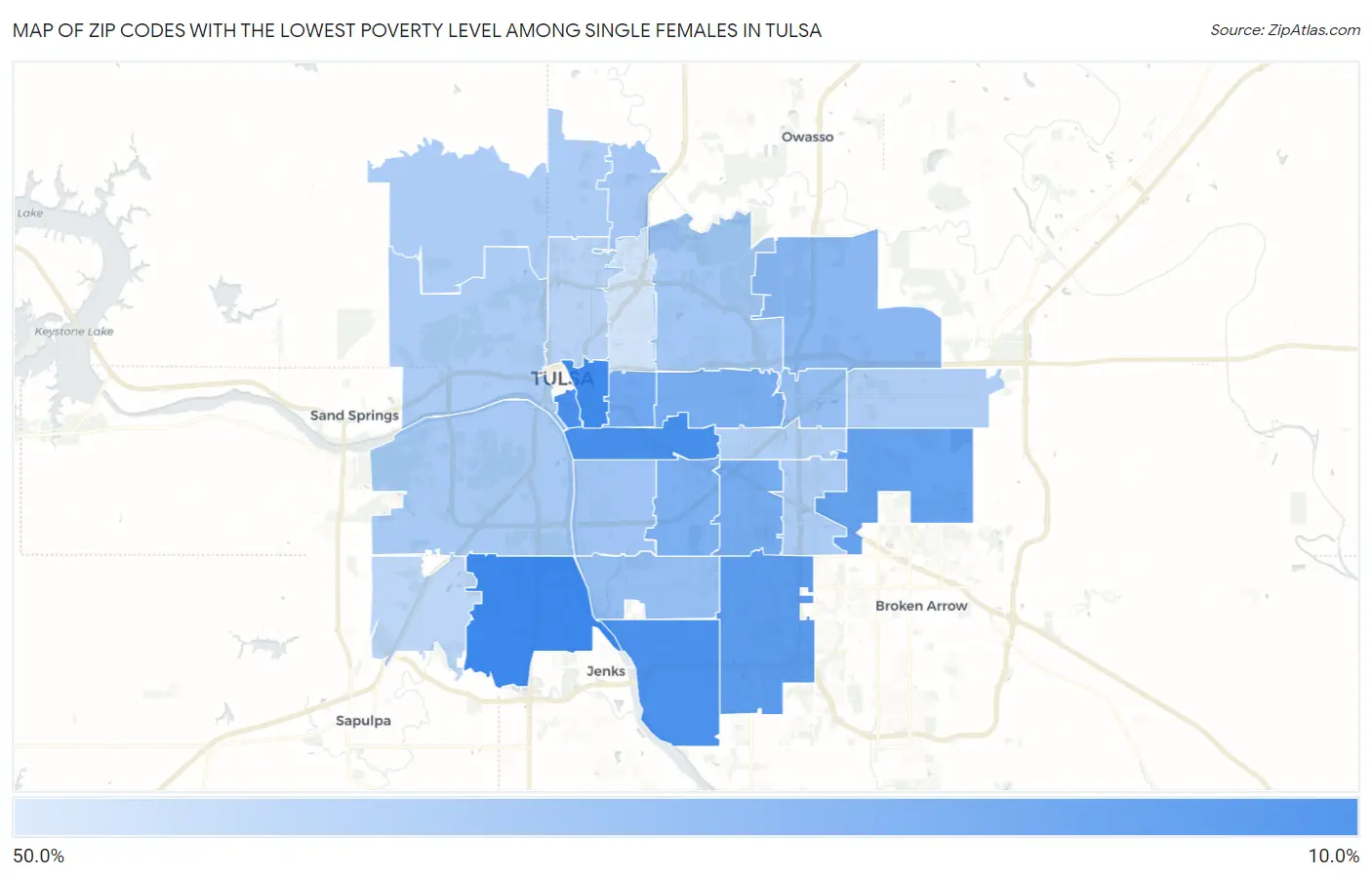 Zip Codes with the Lowest Poverty Level Among Single Females in Tulsa Map