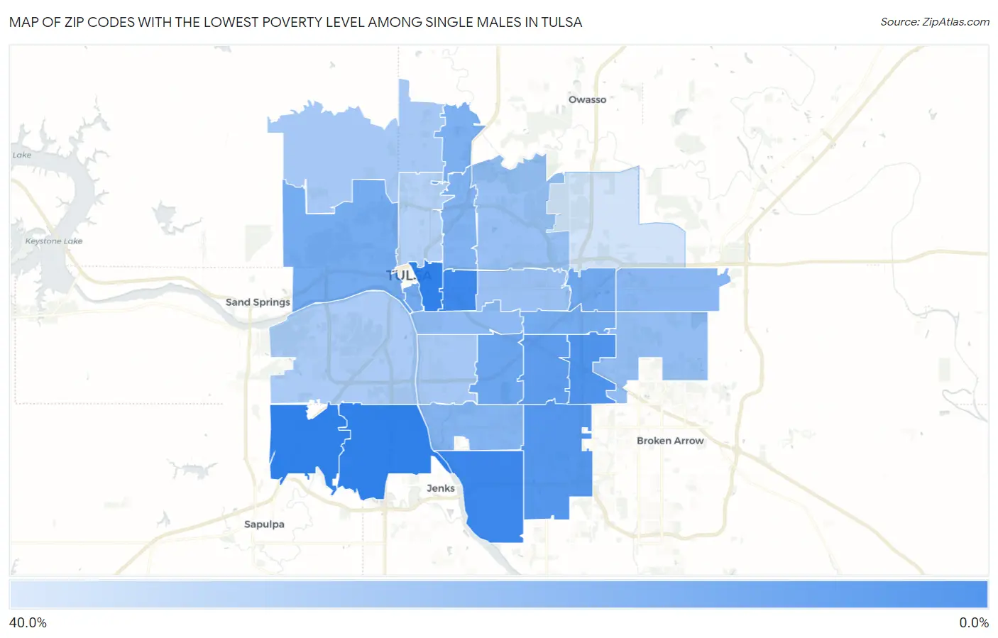 Zip Codes with the Lowest Poverty Level Among Single Males in Tulsa Map