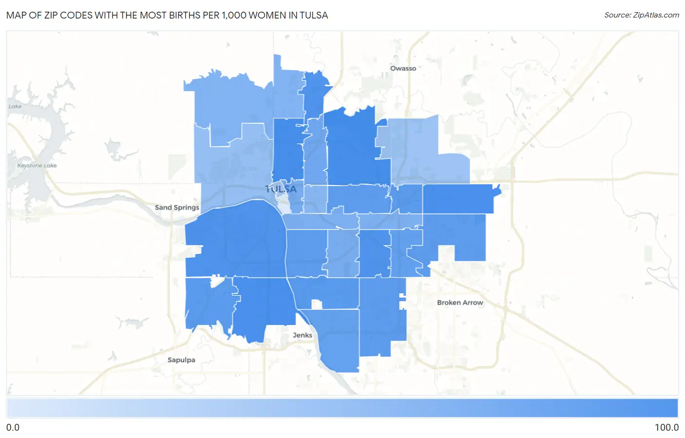 Zip Codes with the Most Births per 1,000 Women in Tulsa Map