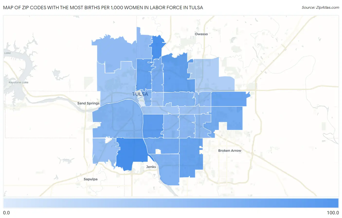 Zip Codes with the Most Births per 1,000 Women in Labor Force in Tulsa Map