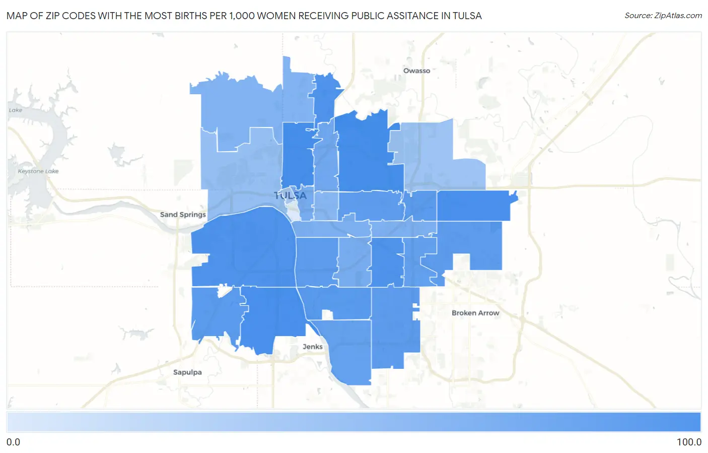 Zip Codes with the Most Births per 1,000 Women Receiving Public Assitance in Tulsa Map