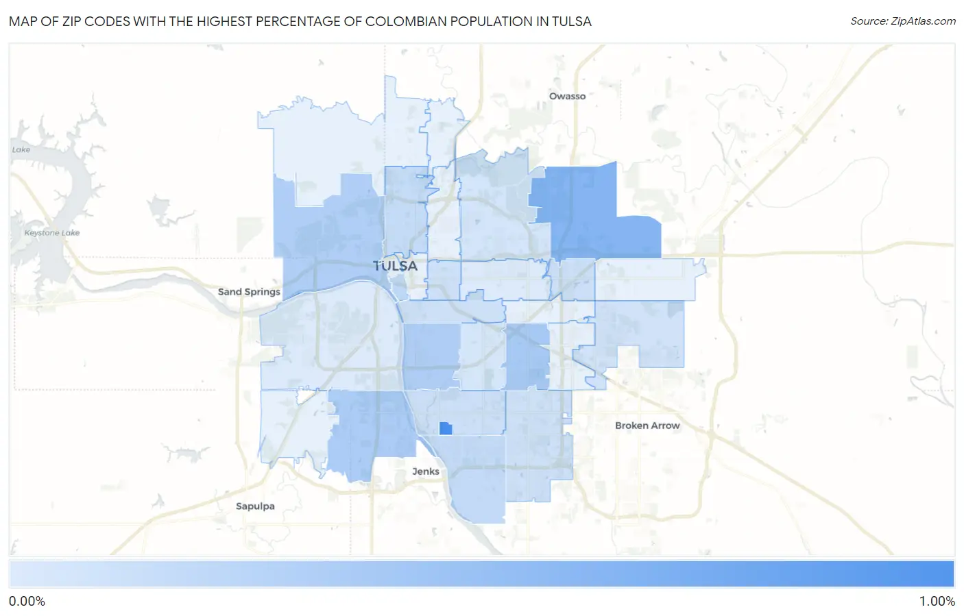 Zip Codes with the Highest Percentage of Colombian Population in Tulsa Map