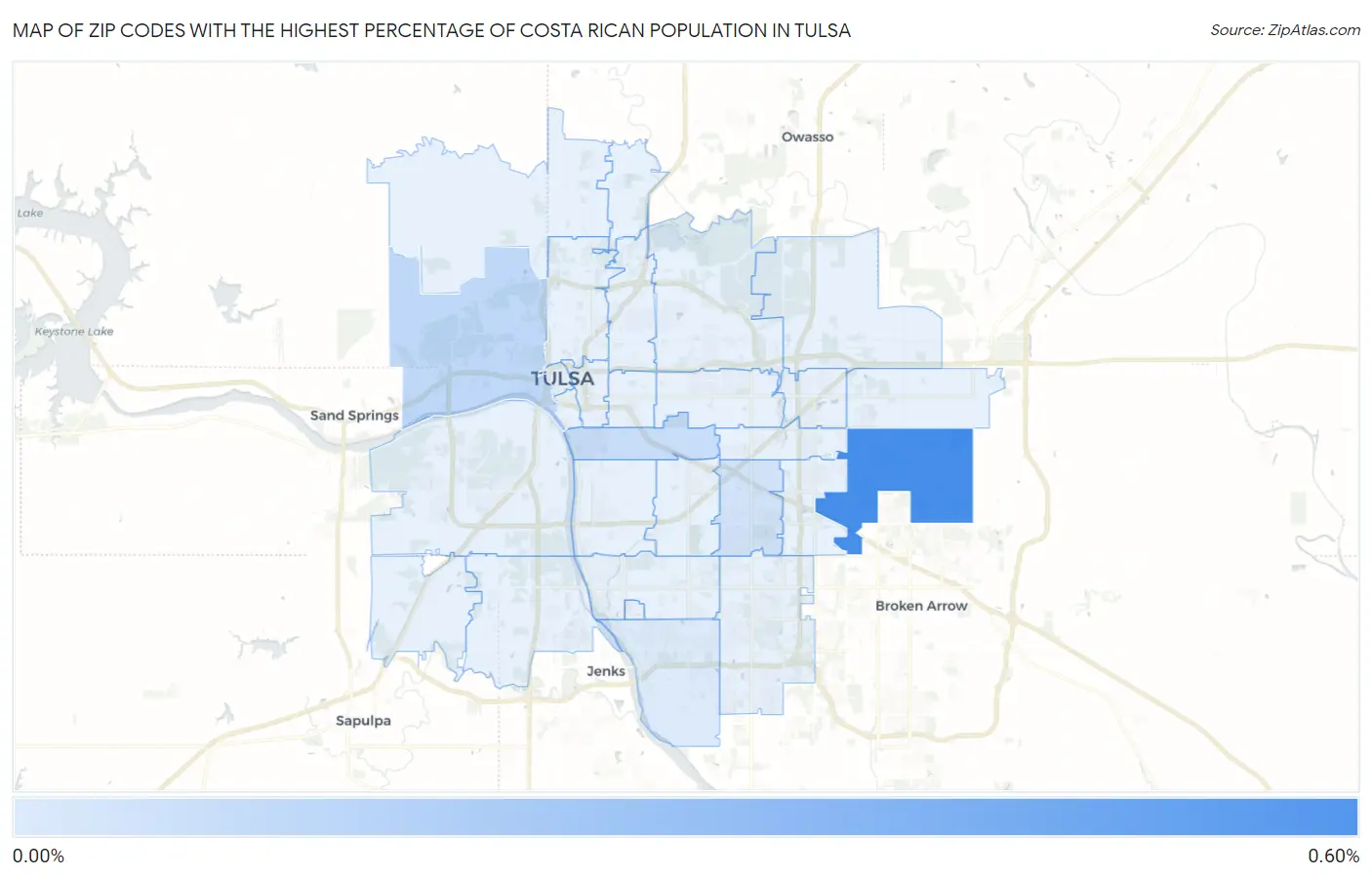 Zip Codes with the Highest Percentage of Costa Rican Population in Tulsa Map