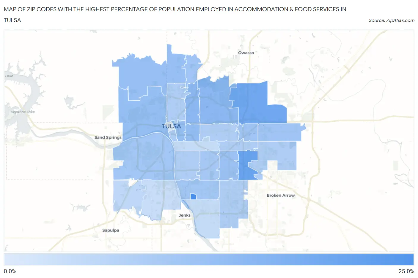 Zip Codes with the Highest Percentage of Population Employed in Accommodation & Food Services in Tulsa Map