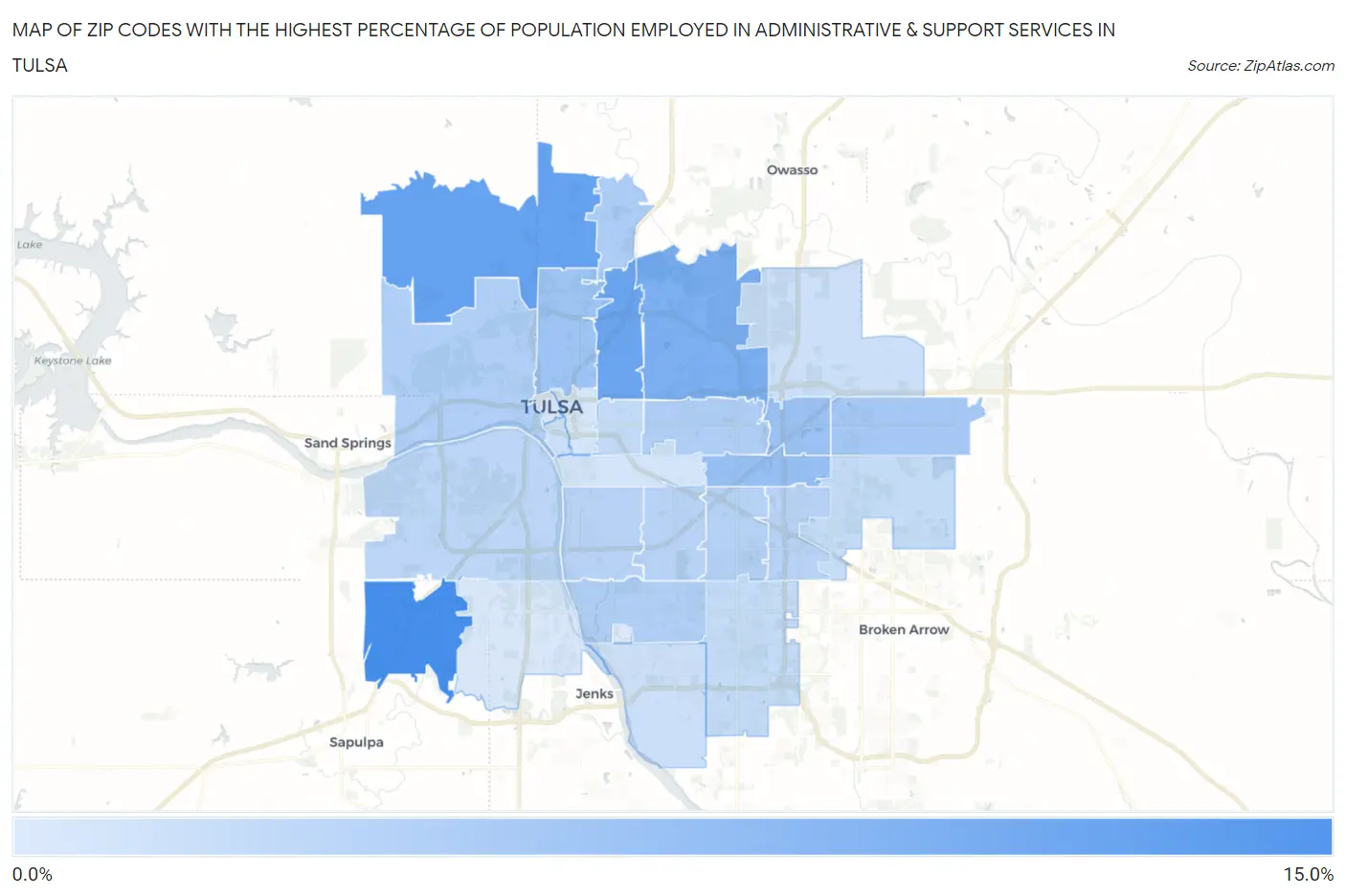 Zip Codes with the Highest Percentage of Population Employed in Administrative & Support Services in Tulsa Map