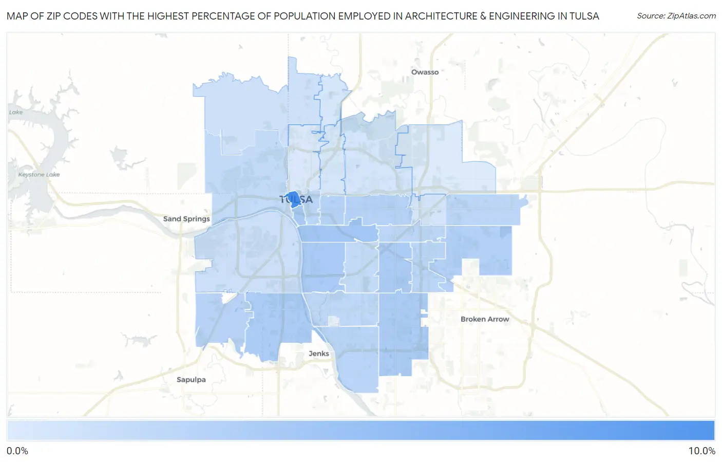 Zip Codes with the Highest Percentage of Population Employed in Architecture & Engineering in Tulsa Map