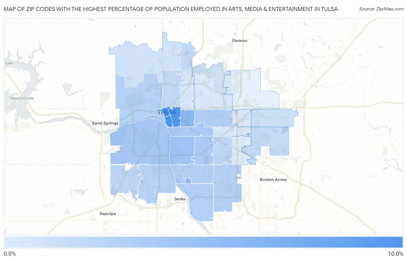 Zip Codes with the Highest Percentage of Population Employed in Arts, Media & Entertainment in Tulsa Map