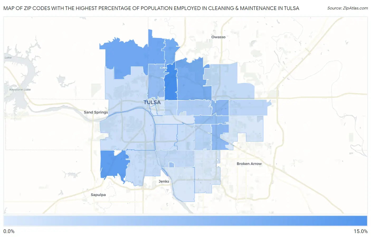 Zip Codes with the Highest Percentage of Population Employed in Cleaning & Maintenance in Tulsa Map