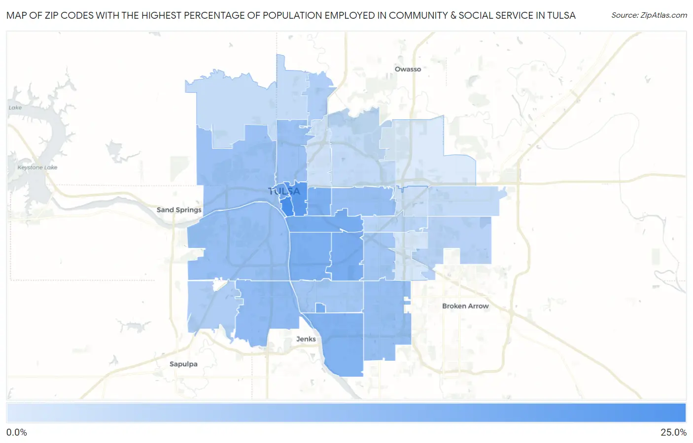 Zip Codes with the Highest Percentage of Population Employed in Community & Social Service  in Tulsa Map