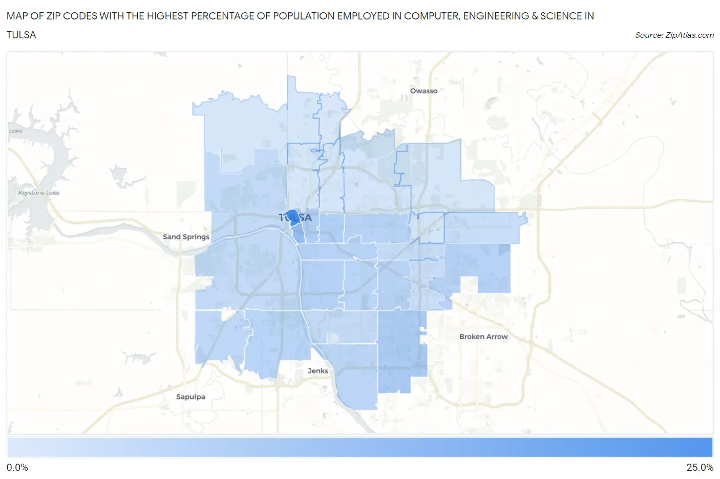 Zip Codes with the Highest Percentage of Population Employed in Computer, Engineering & Science in Tulsa Map