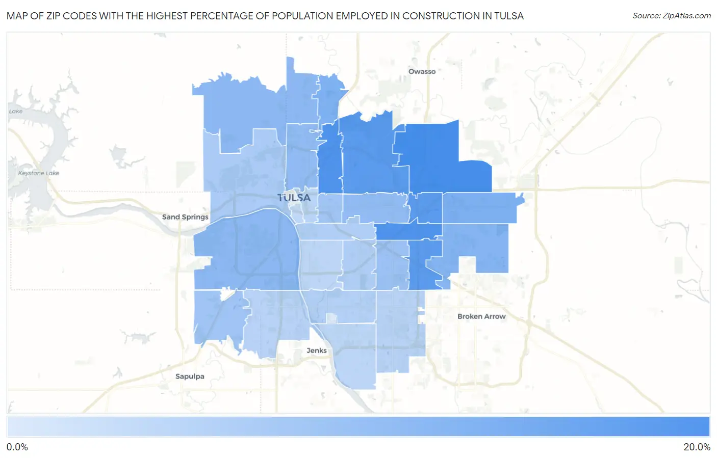 Zip Codes with the Highest Percentage of Population Employed in Construction in Tulsa Map