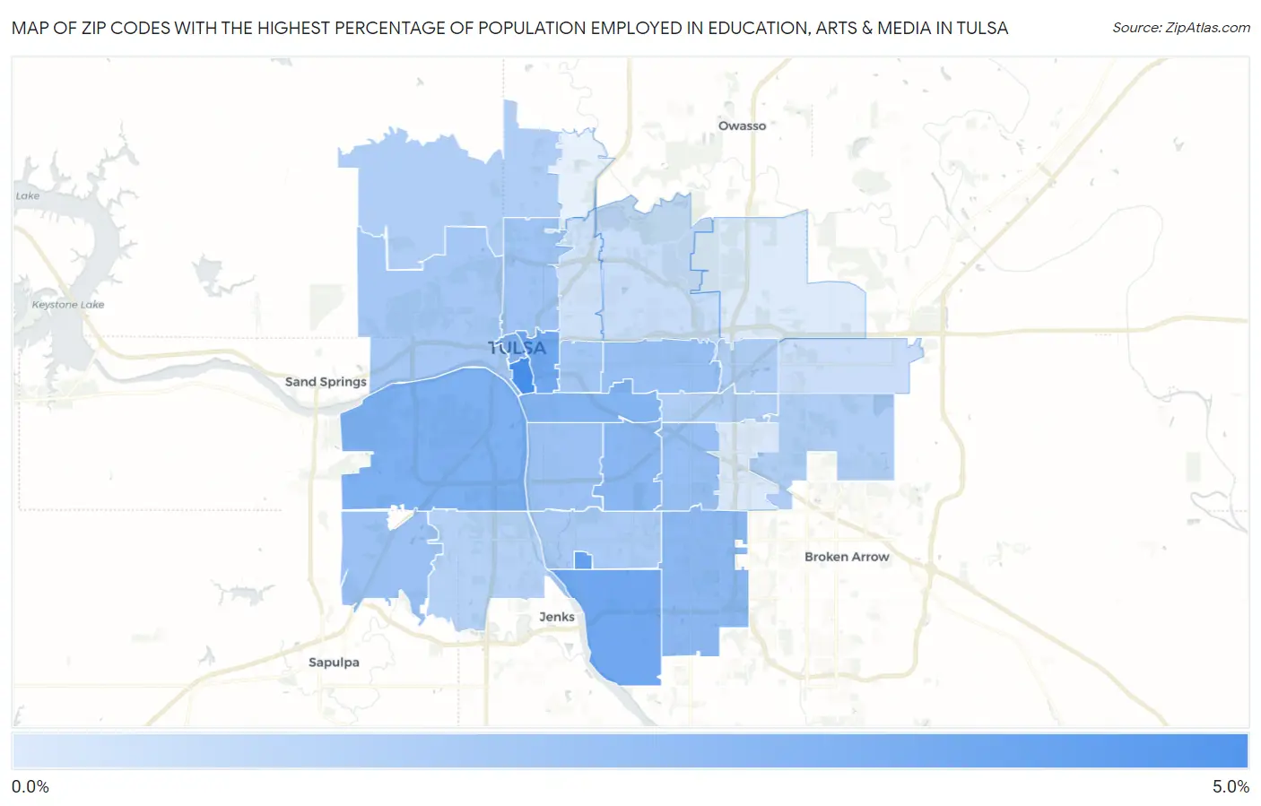 Zip Codes with the Highest Percentage of Population Employed in Education, Arts & Media in Tulsa Map