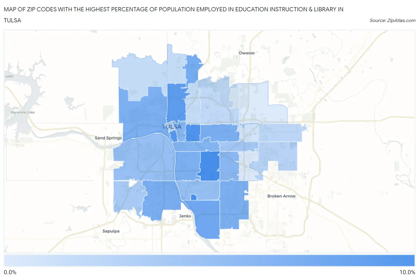 Zip Codes with the Highest Percentage of Population Employed in Education Instruction & Library in Tulsa Map
