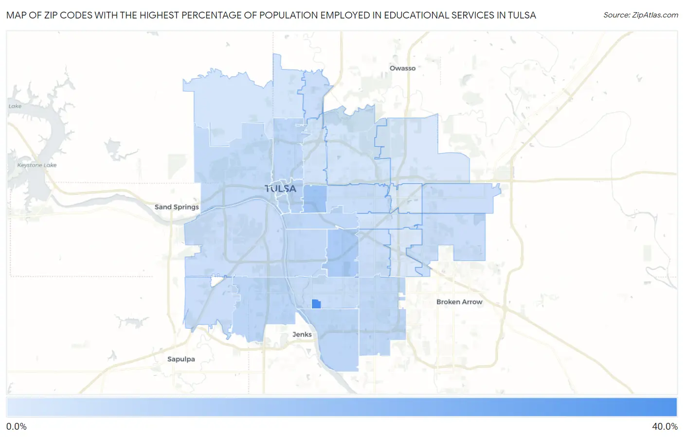 Zip Codes with the Highest Percentage of Population Employed in Educational Services in Tulsa Map