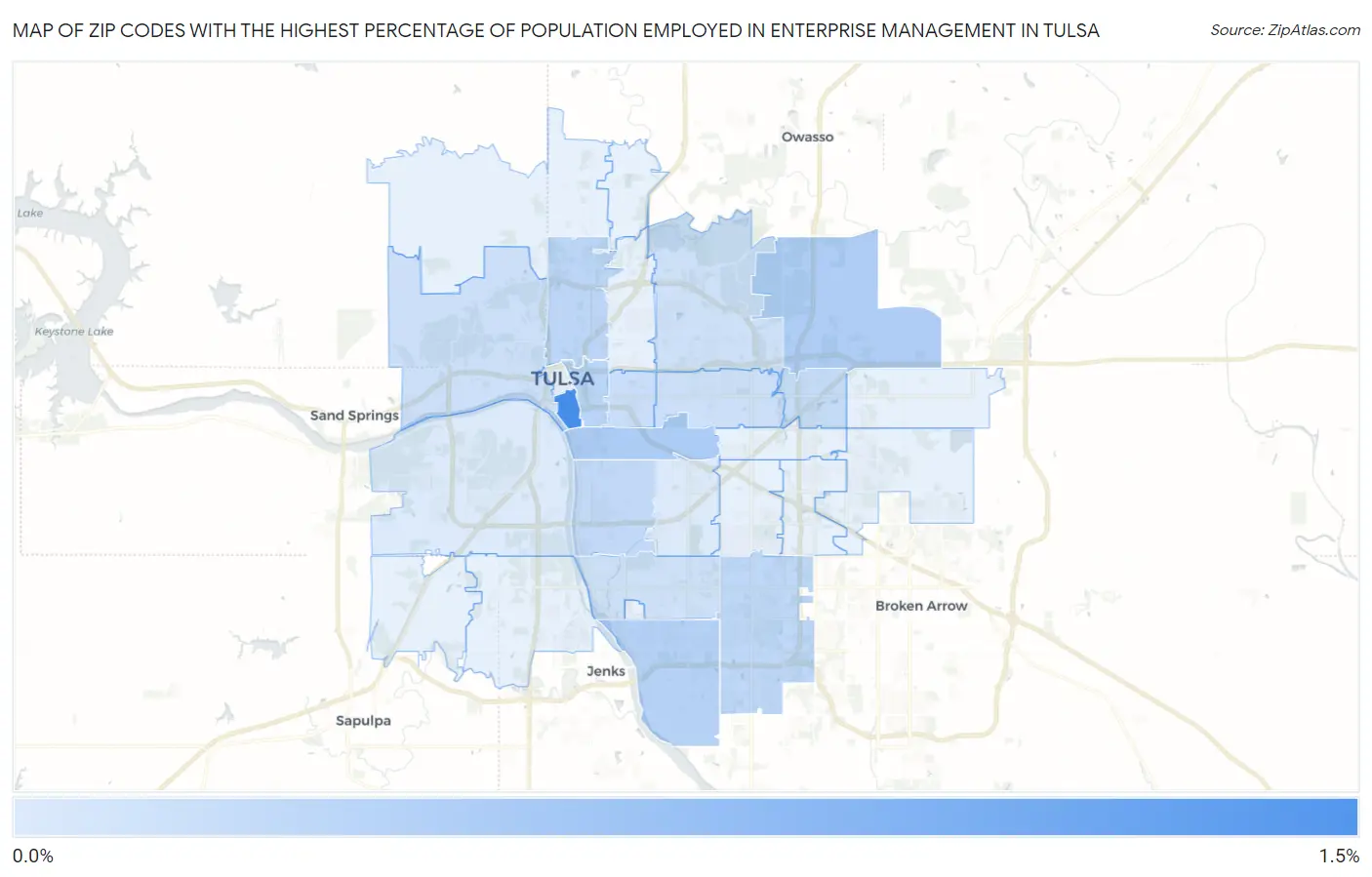 Zip Codes with the Highest Percentage of Population Employed in Enterprise Management in Tulsa Map