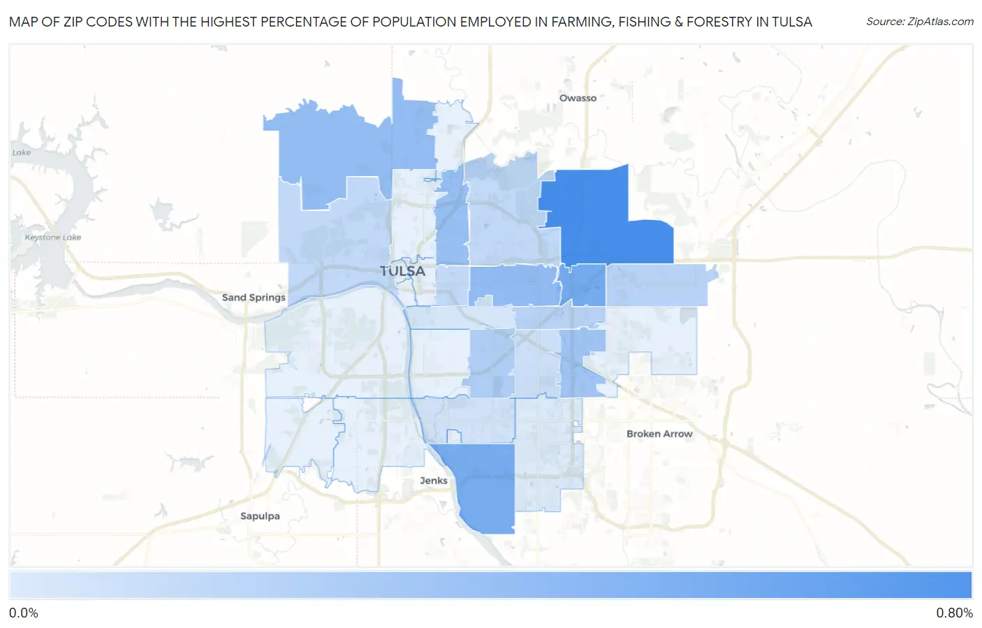 Zip Codes with the Highest Percentage of Population Employed in Farming, Fishing & Forestry in Tulsa Map
