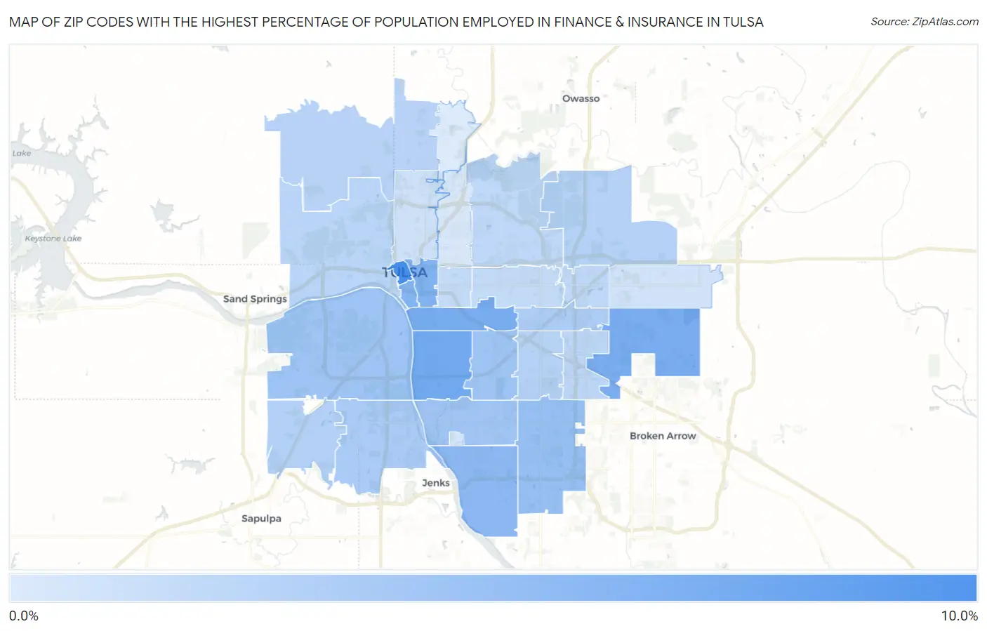 Zip Codes with the Highest Percentage of Population Employed in Finance & Insurance in Tulsa Map