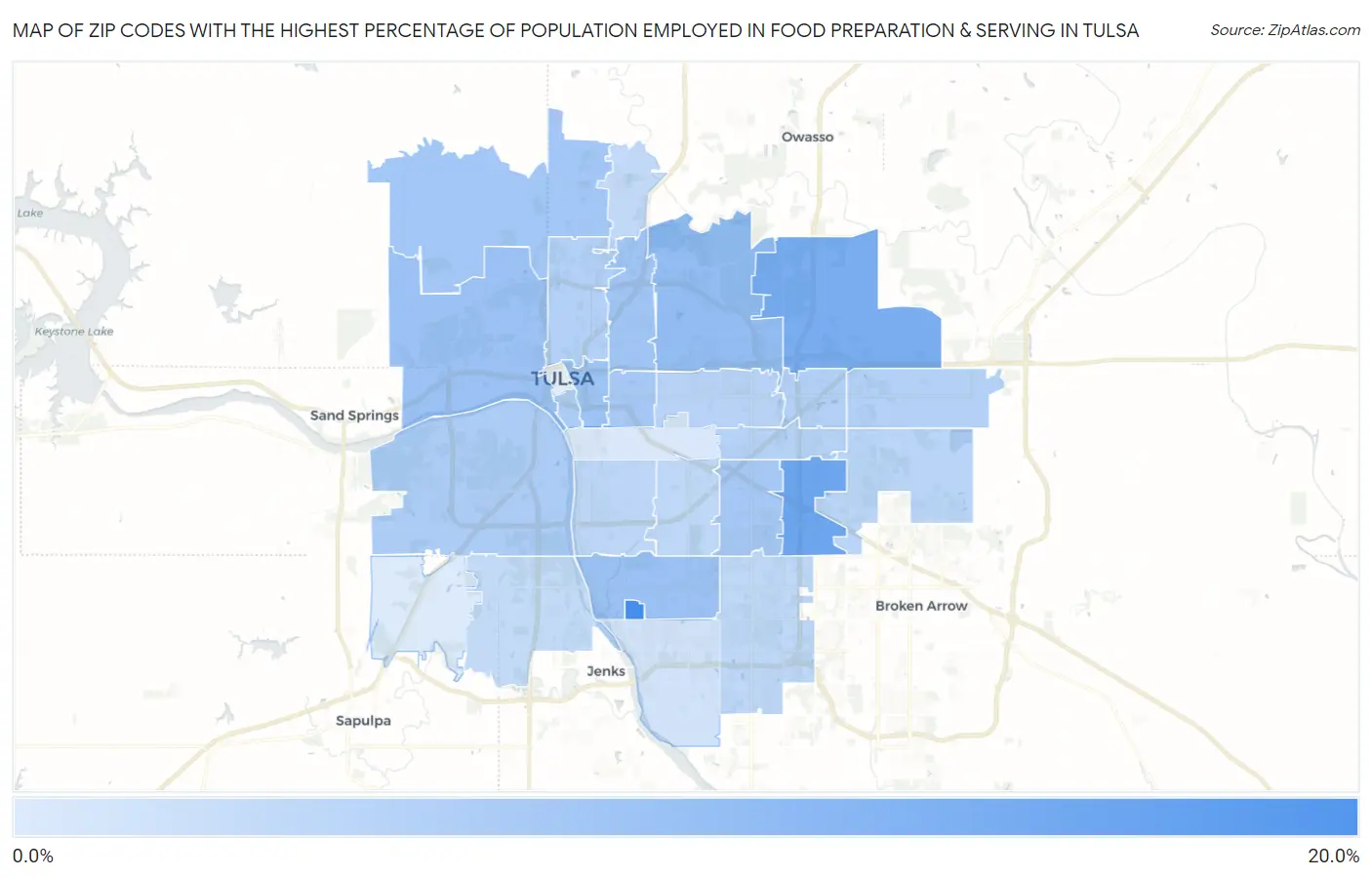 Zip Codes with the Highest Percentage of Population Employed in Food Preparation & Serving in Tulsa Map