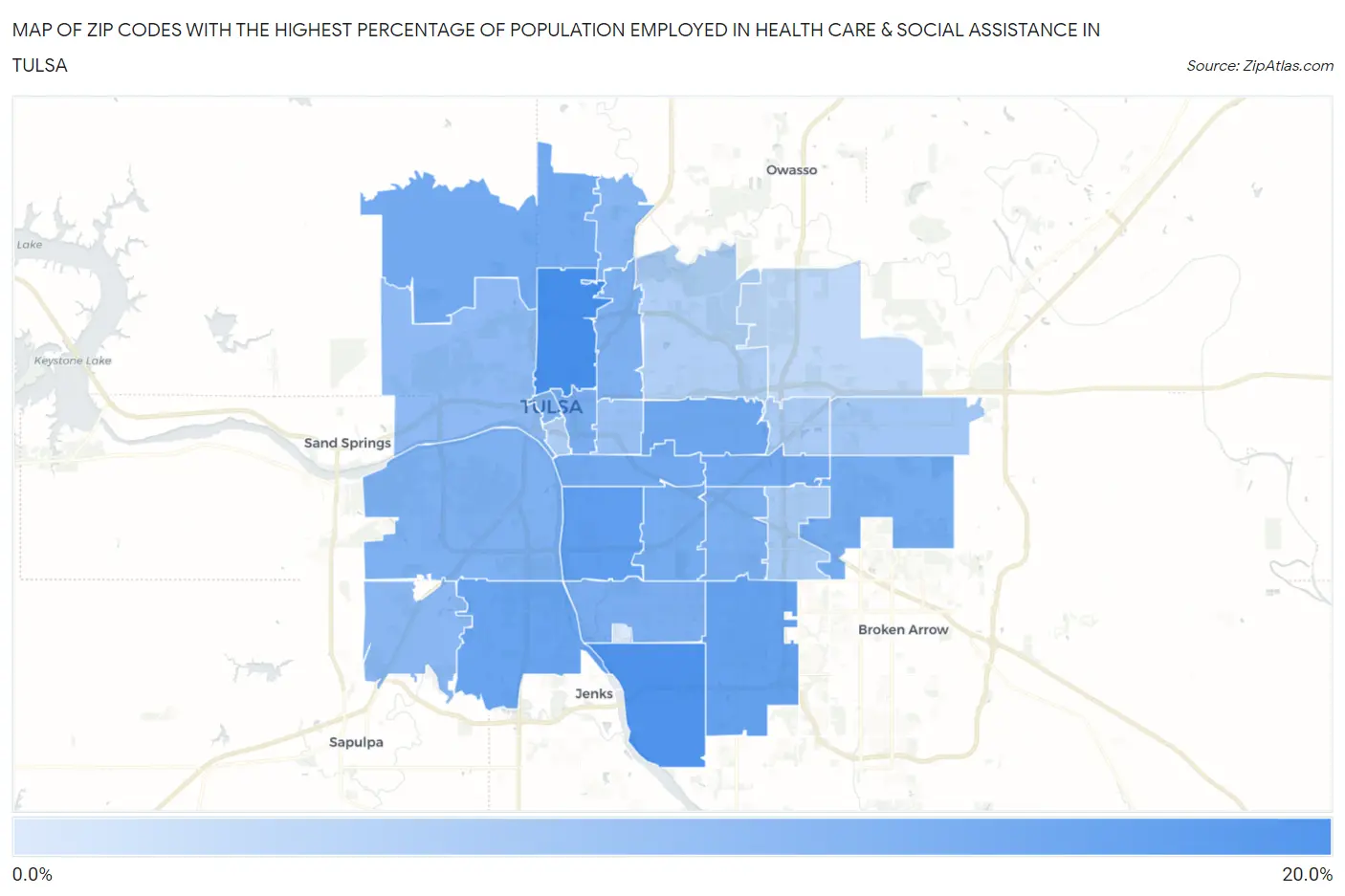 Zip Codes with the Highest Percentage of Population Employed in Health Care & Social Assistance in Tulsa Map