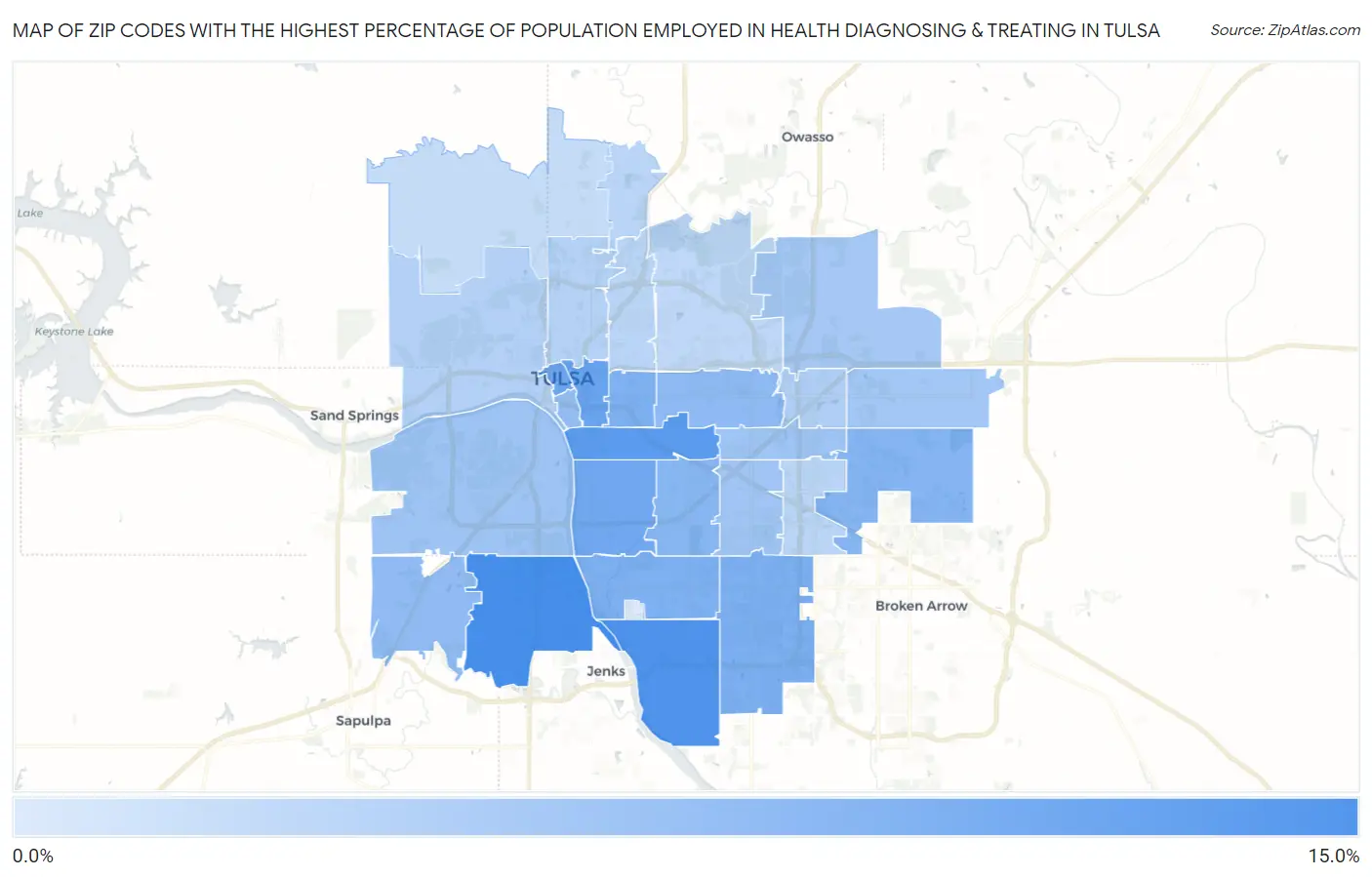 Zip Codes with the Highest Percentage of Population Employed in Health Diagnosing & Treating in Tulsa Map
