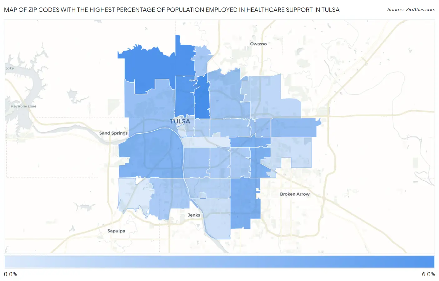 Zip Codes with the Highest Percentage of Population Employed in Healthcare Support in Tulsa Map