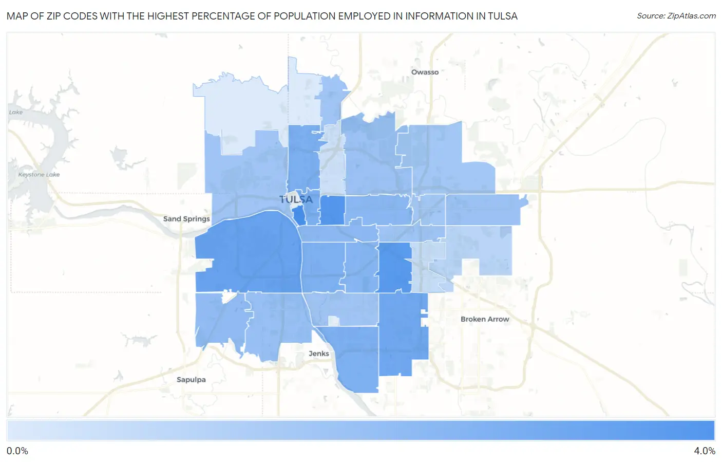 Zip Codes with the Highest Percentage of Population Employed in Information in Tulsa Map