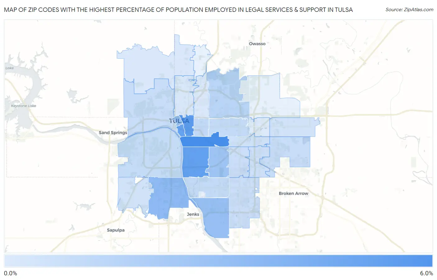 Zip Codes with the Highest Percentage of Population Employed in Legal Services & Support in Tulsa Map