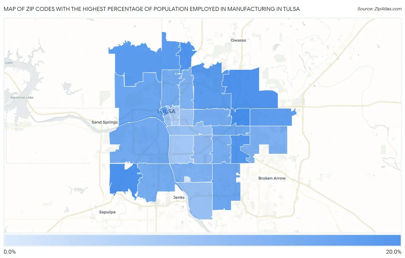 Zip Codes with the Highest Percentage of Population Employed in Manufacturing in Tulsa Map