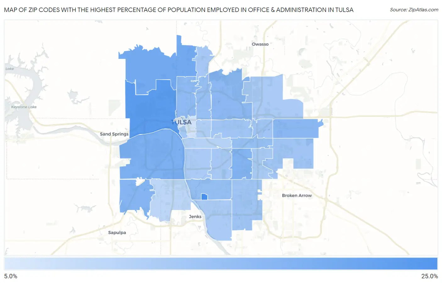 Zip Codes with the Highest Percentage of Population Employed in Office & Administration in Tulsa Map