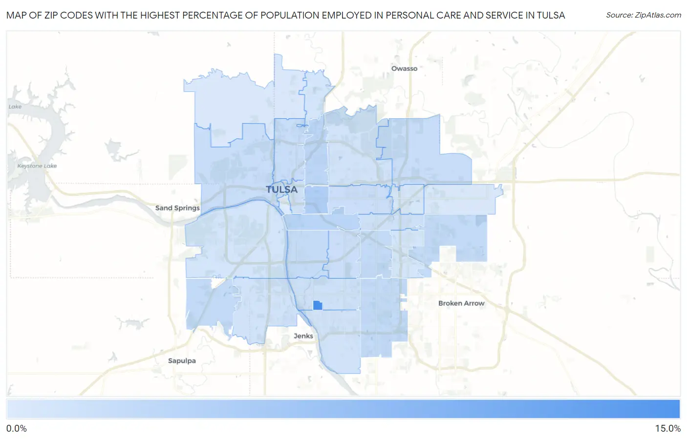 Zip Codes with the Highest Percentage of Population Employed in Personal Care and Service in Tulsa Map