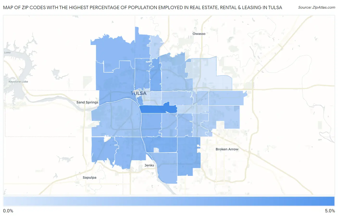 Zip Codes with the Highest Percentage of Population Employed in Real Estate, Rental & Leasing in Tulsa Map