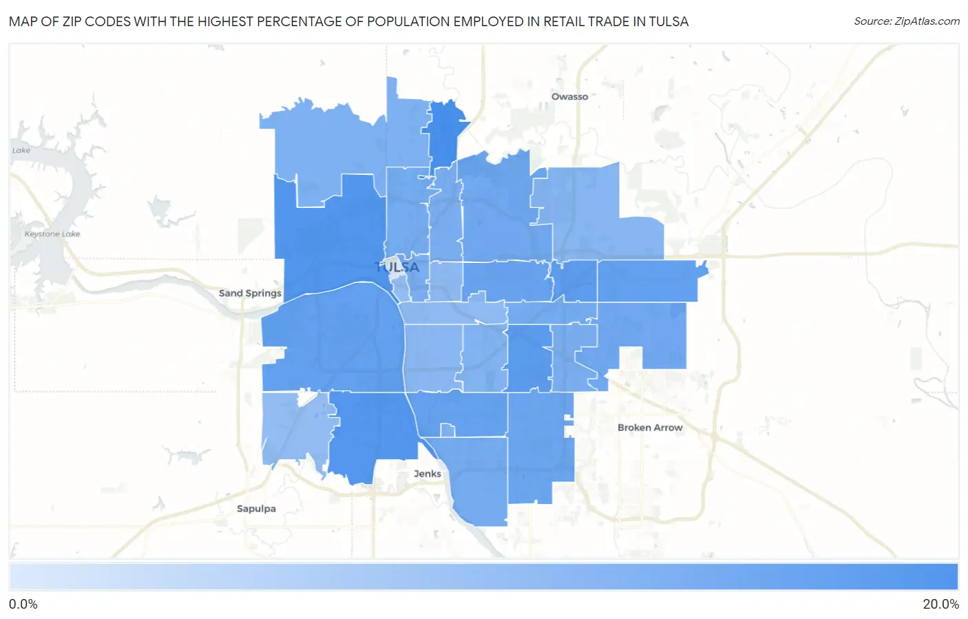 Zip Codes with the Highest Percentage of Population Employed in Retail Trade in Tulsa Map