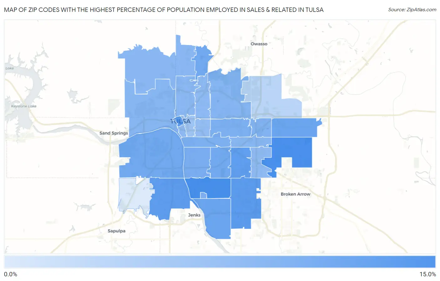 Zip Codes with the Highest Percentage of Population Employed in Sales & Related in Tulsa Map