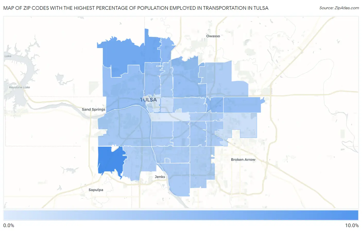 Zip Codes with the Highest Percentage of Population Employed in Transportation in Tulsa Map