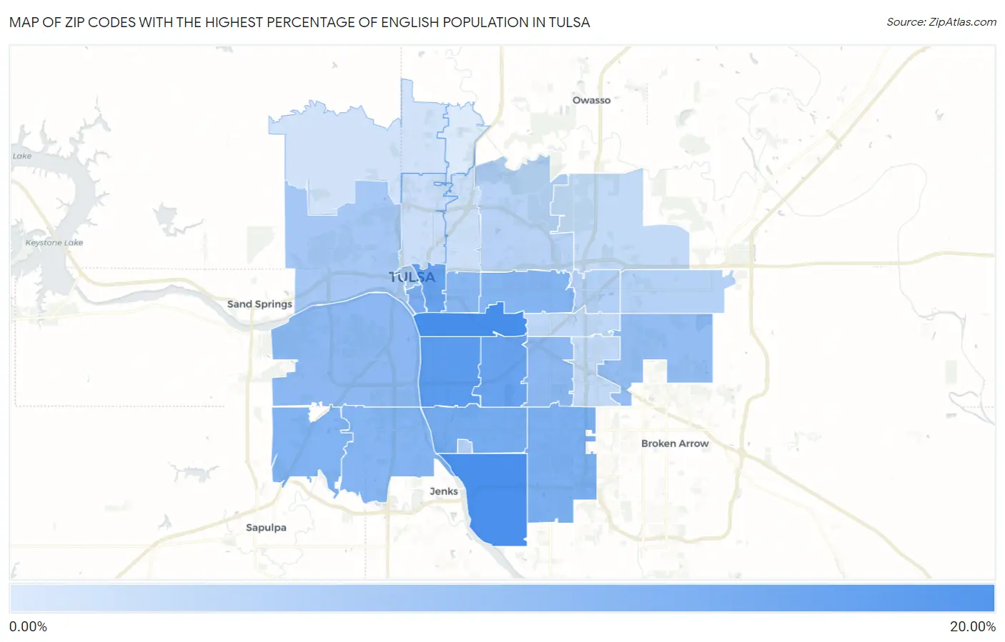 Zip Codes with the Highest Percentage of English Population in Tulsa Map