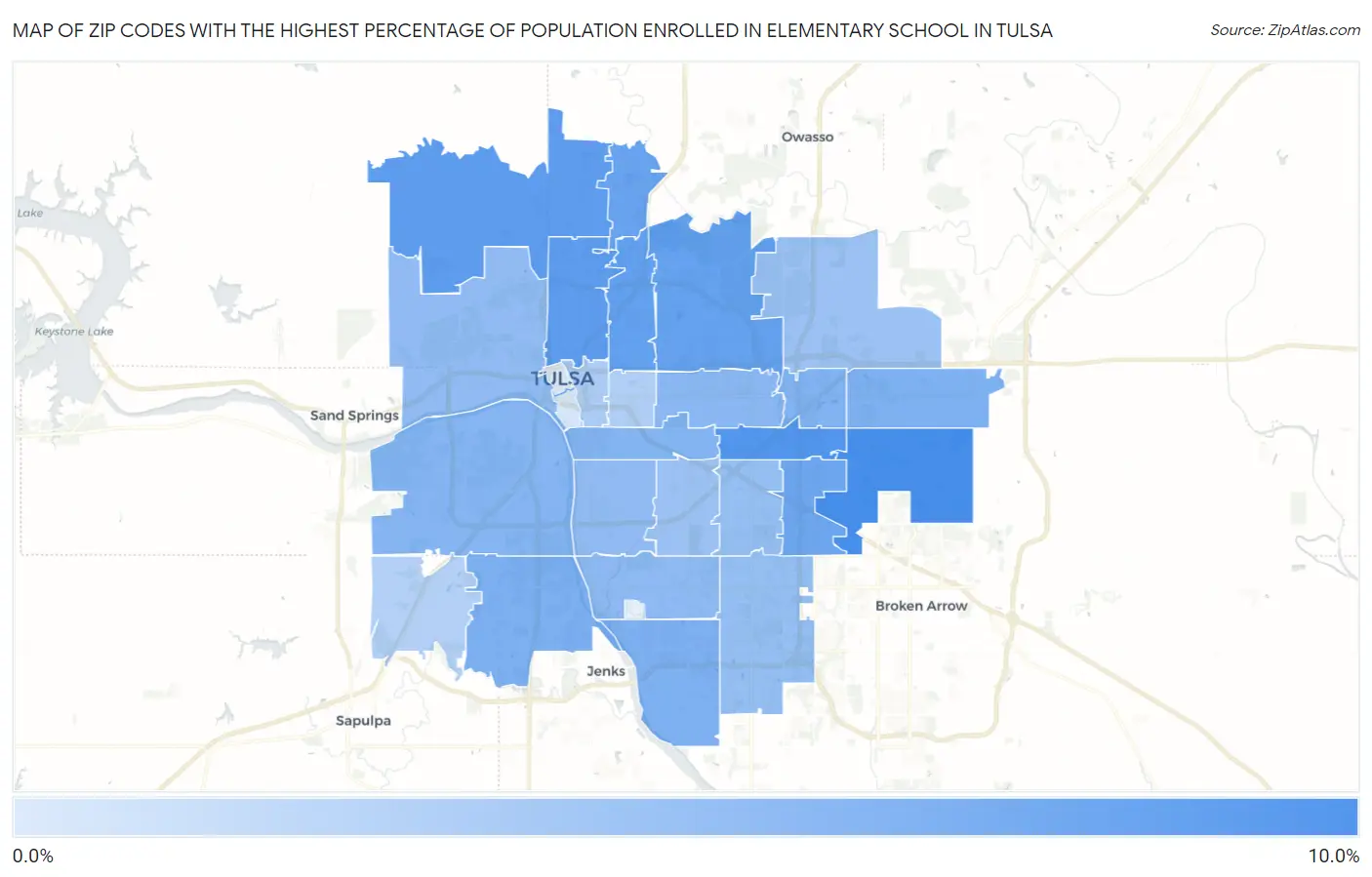 Zip Codes with the Highest Percentage of Population Enrolled in Elementary School in Tulsa Map