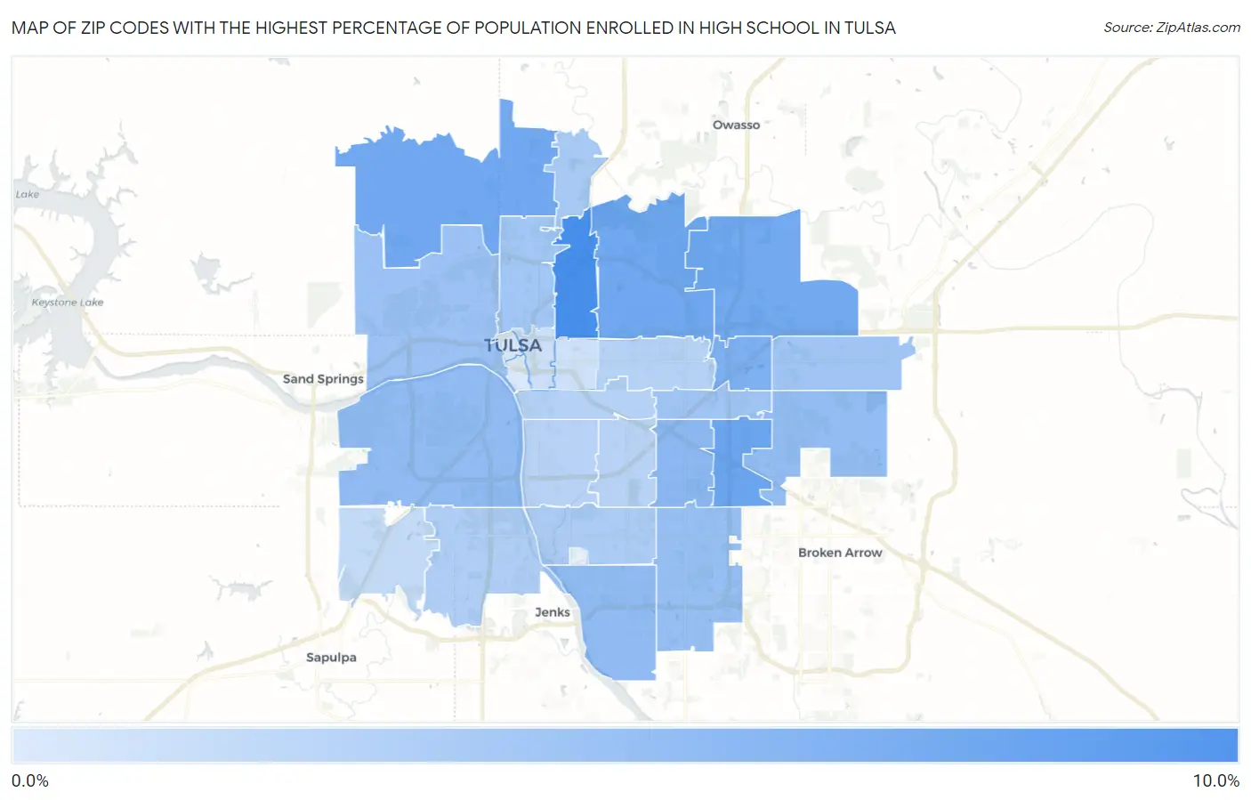 Zip Codes with the Highest Percentage of Population Enrolled in High School in Tulsa Map