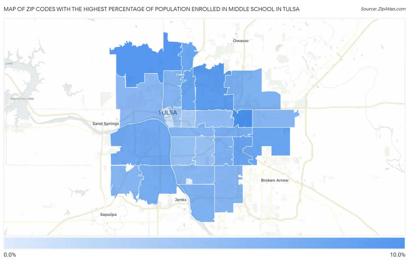 Zip Codes with the Highest Percentage of Population Enrolled in Middle School in Tulsa Map
