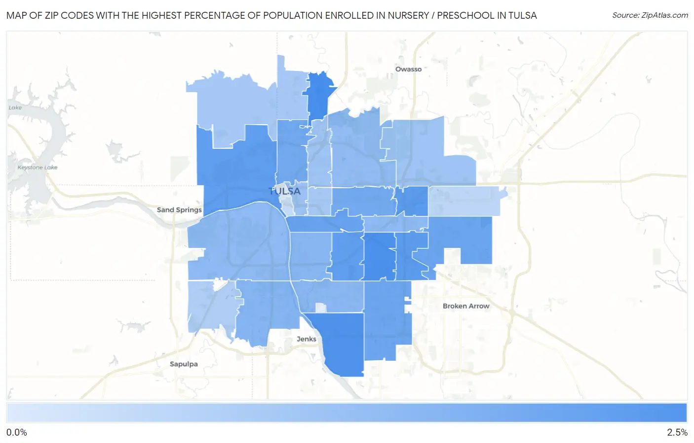 Zip Codes with the Highest Percentage of Population Enrolled in Nursery / Preschool in Tulsa Map