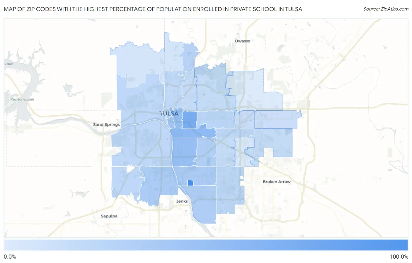 Zip Codes with the Highest Percentage of Population Enrolled in Private School in Tulsa Map