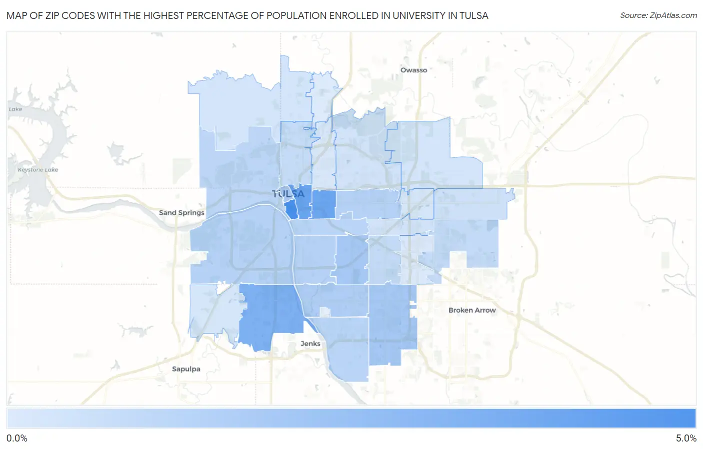 Zip Codes with the Highest Percentage of Population Enrolled in University in Tulsa Map