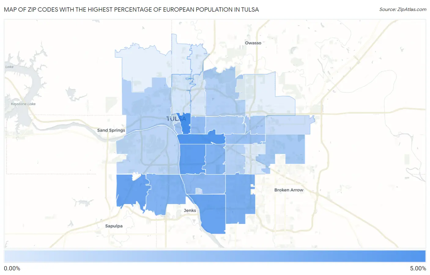 Zip Codes with the Highest Percentage of European Population in Tulsa Map