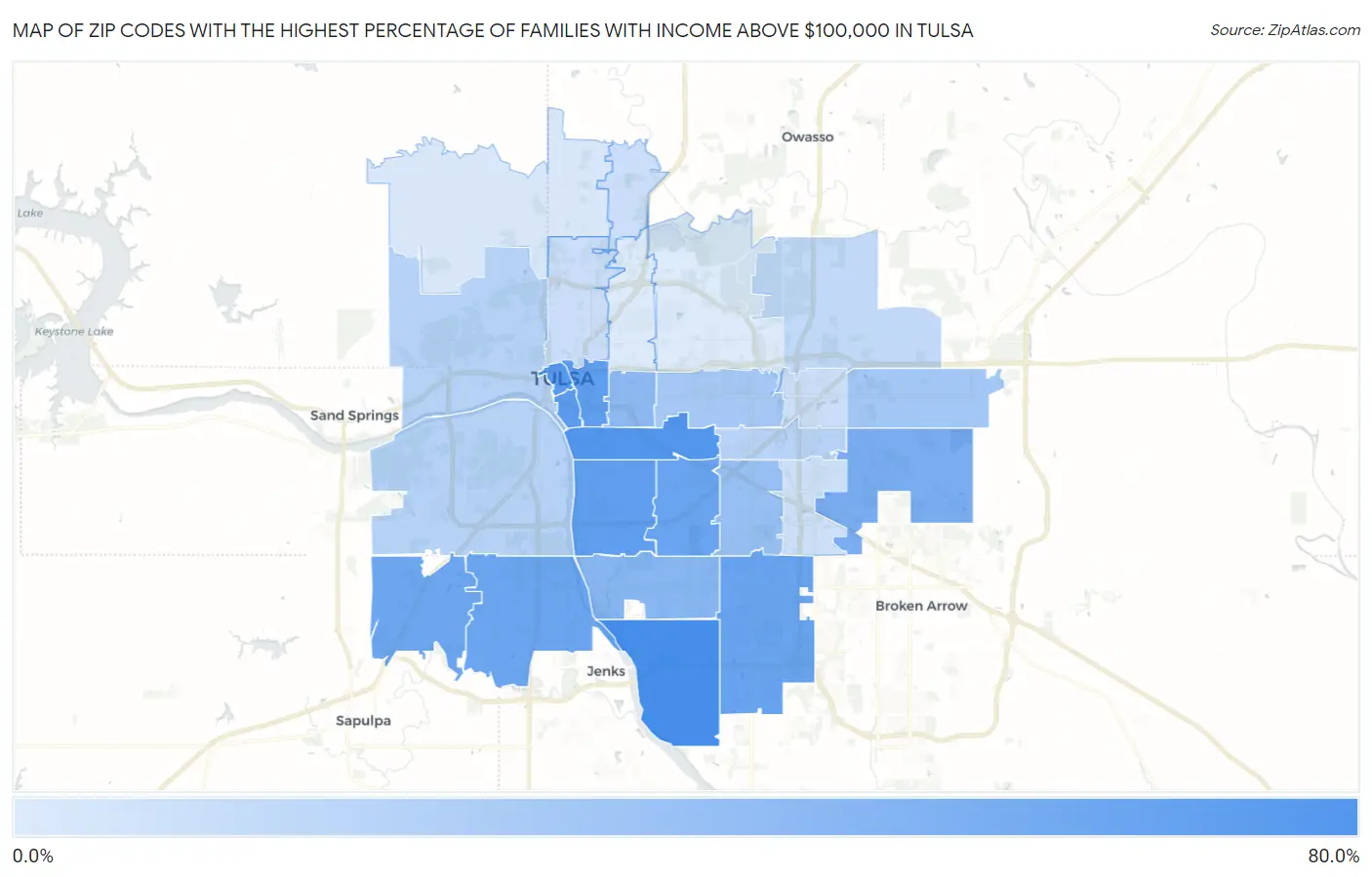 Zip Codes with the Highest Percentage of Families with Income Above $100,000 in Tulsa Map