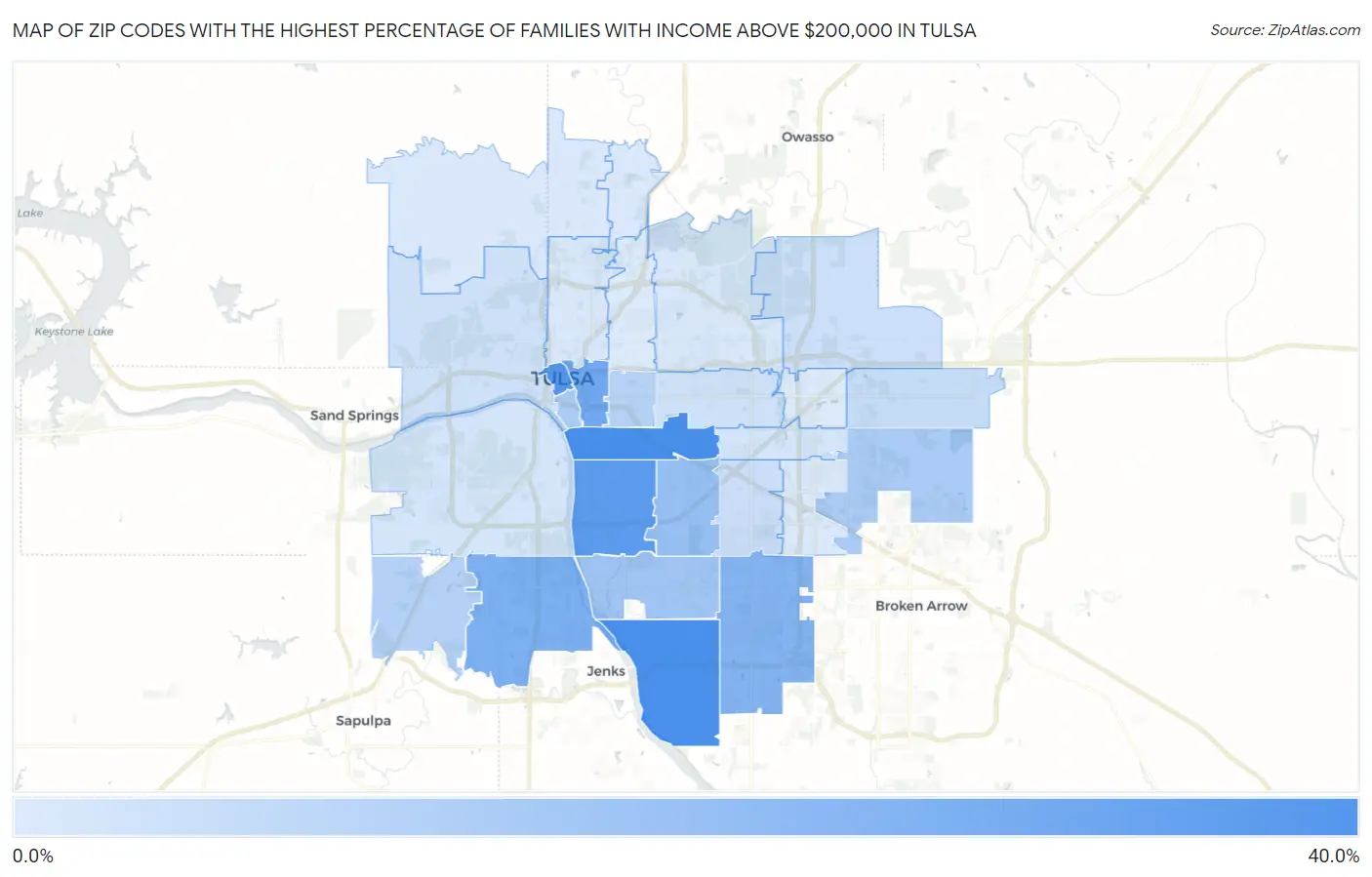 Zip Codes with the Highest Percentage of Families with Income Above $200,000 in Tulsa Map