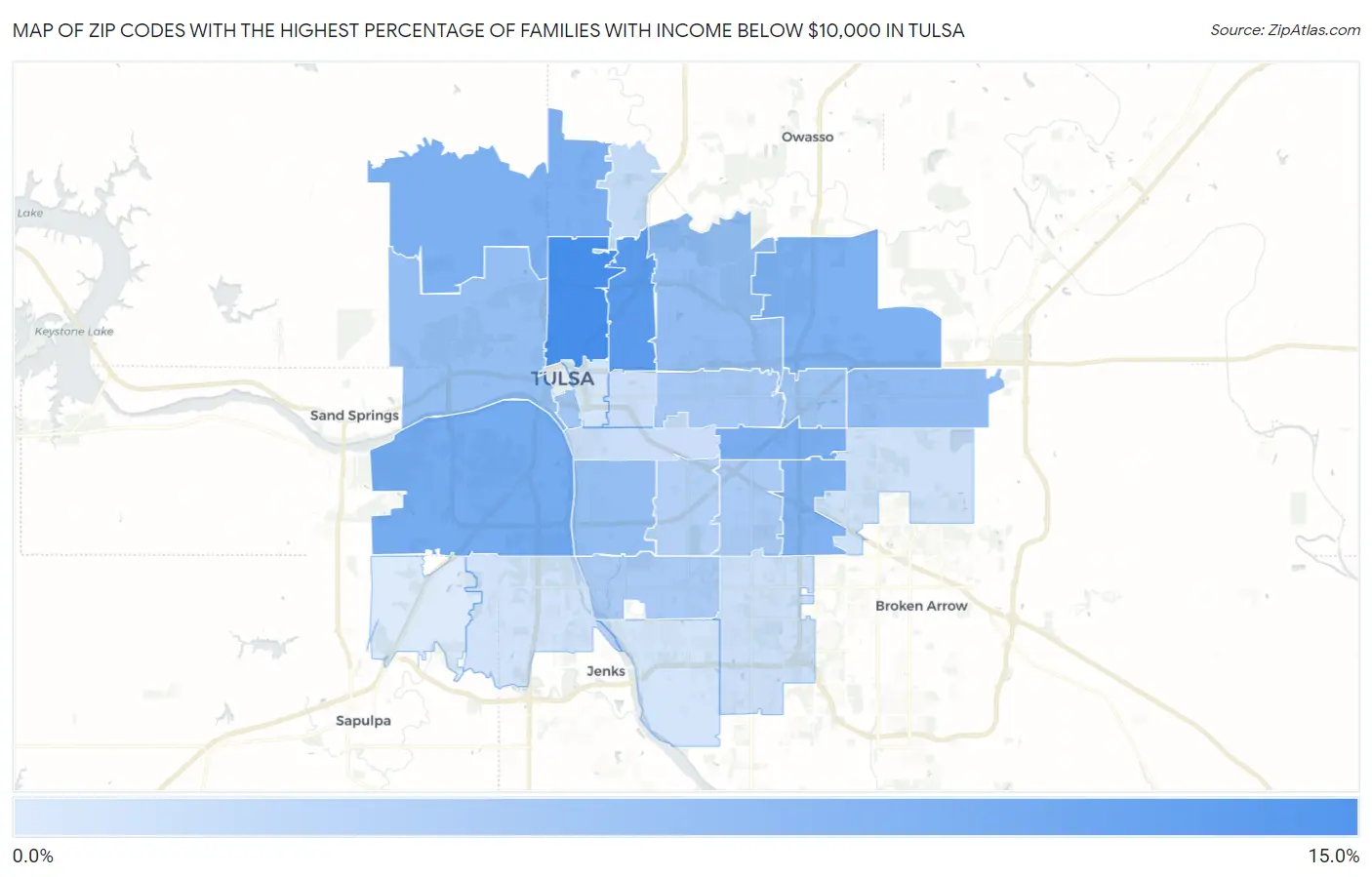 Zip Codes with the Highest Percentage of Families with Income Below $10,000 in Tulsa Map