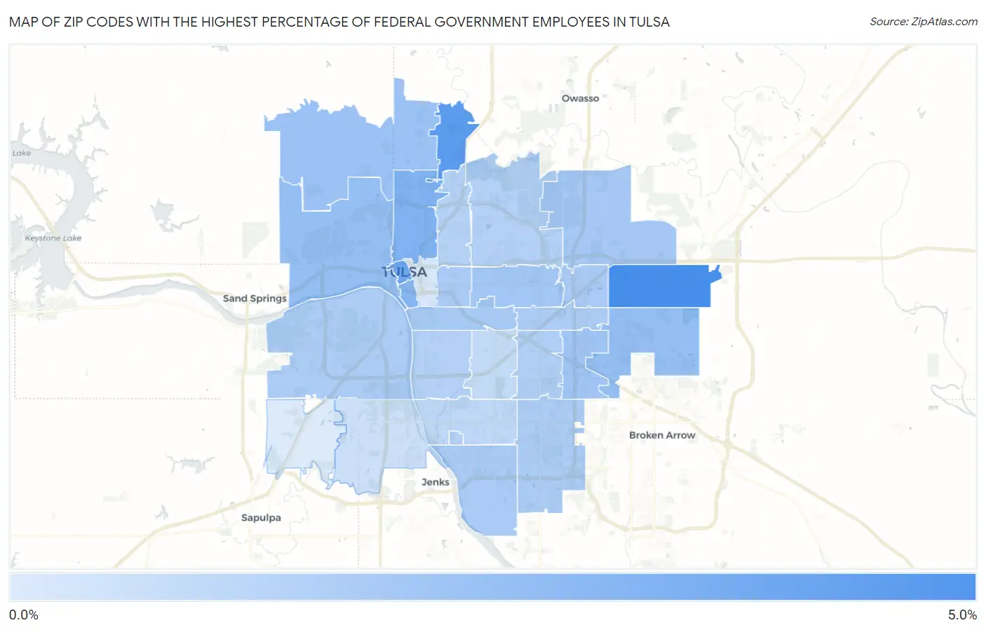 Zip Codes with the Highest Percentage of Federal Government Employees in Tulsa Map
