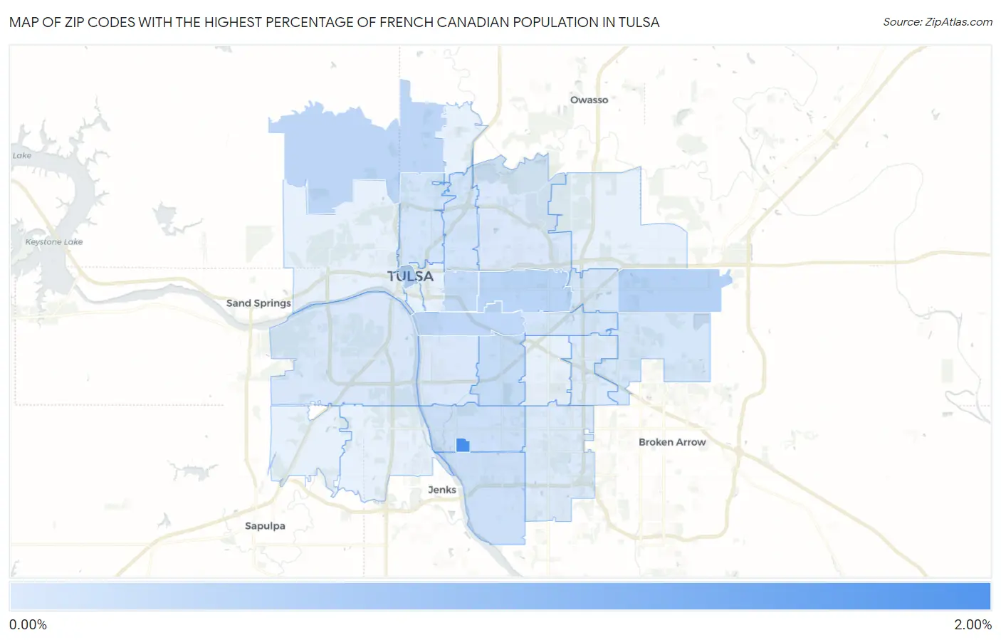 Zip Codes with the Highest Percentage of French Canadian Population in Tulsa Map