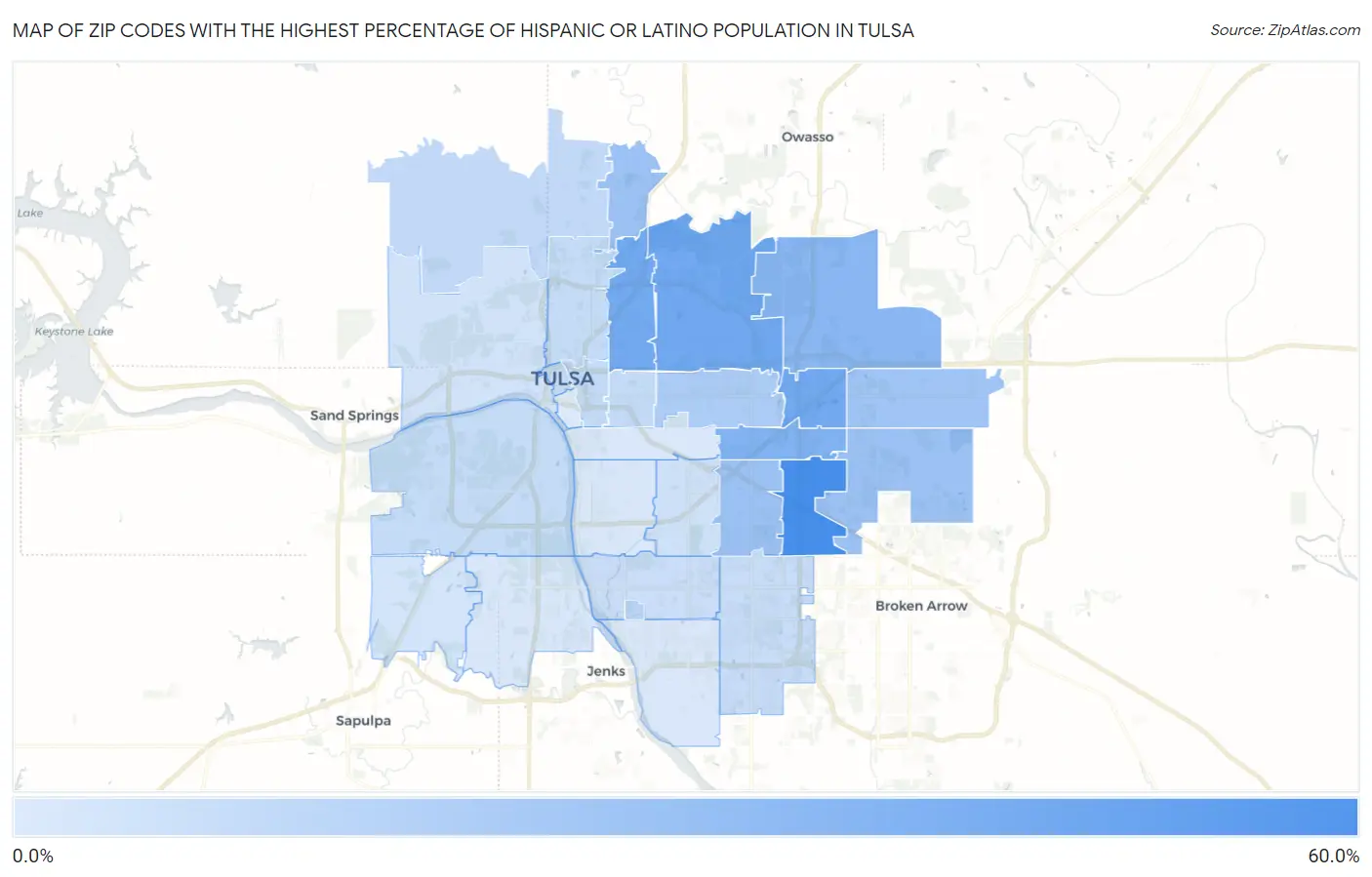 Zip Codes with the Highest Percentage of Hispanic or Latino Population in Tulsa Map